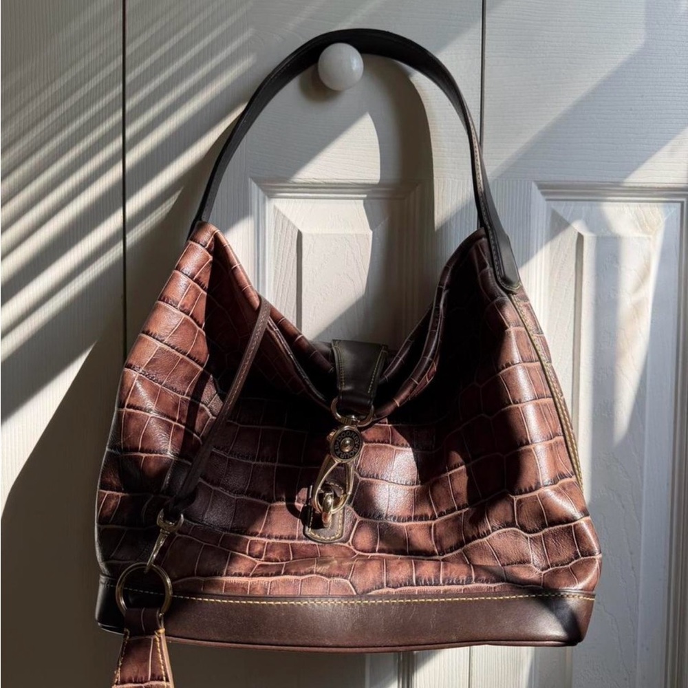 Dooney & Bourke Brown Croc-Embossed Hobo Shoulder Bag with Pouch - Picture 3 of 6